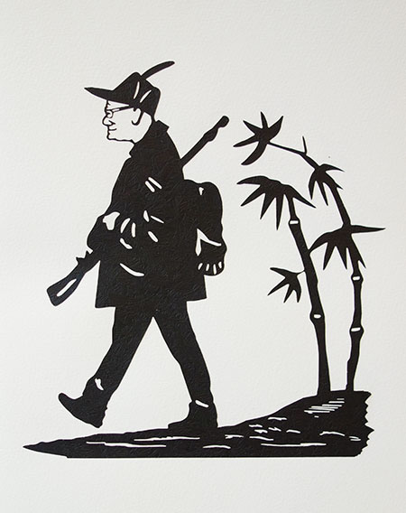 The Story of the Man Who Went Out Hunting, 2014 Eleven paper cuts mounted on Canson watercolor paper, with Cover and Text pages (13 pages total) in handmade box 9 x 13.25 inches, edition of 30.