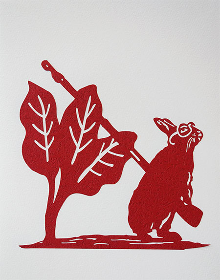 The Story of the Man Who Went Out Hunting, 2014 Eleven paper cuts mounted on Canson watercolor paper, with Cover and Text pages (13 pages total) in handmade box 9 x 13.25 inches, edition of 30.