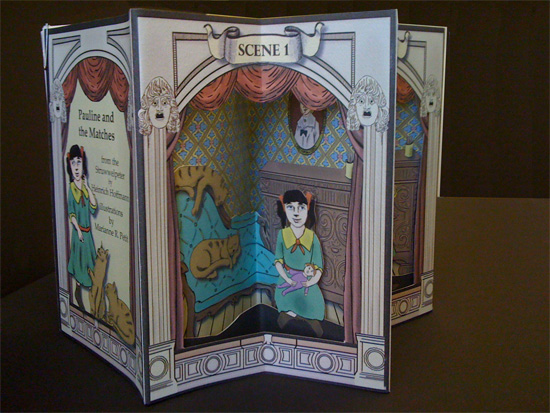 Pauline and the Matches, from The Struwwelpeter series, 2011 Carousel book, digitally printed on Canson watercolor and Hahnemühle paper with pigmented ink , free standing text cards, 5 tunnel books,  6 x 8 inches, edition of 30.