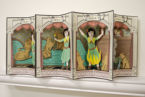 Pauline and the Matches, from The Struwwelpeter series, 2011 Carousel book, digitally printed on Canson watercolor and Hahnemühle paper with pigmented ink , free standing text cards, 5 tunnel books,  6 x 8 inches, edition of 30.