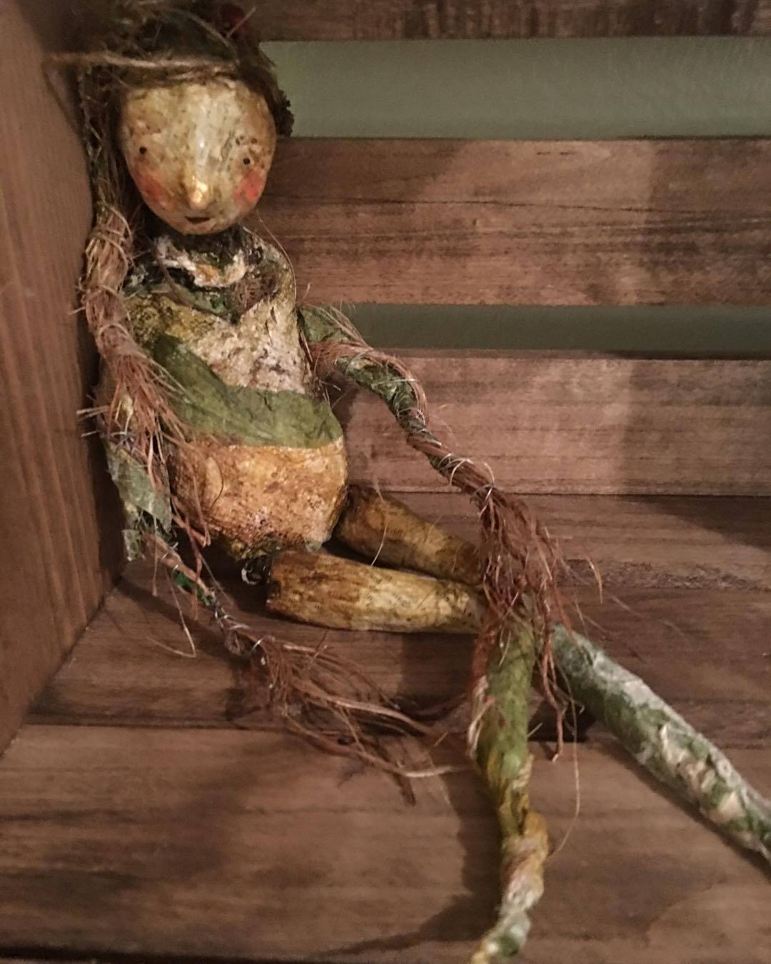 Esme - handmade paper cache doll with string and grass arms