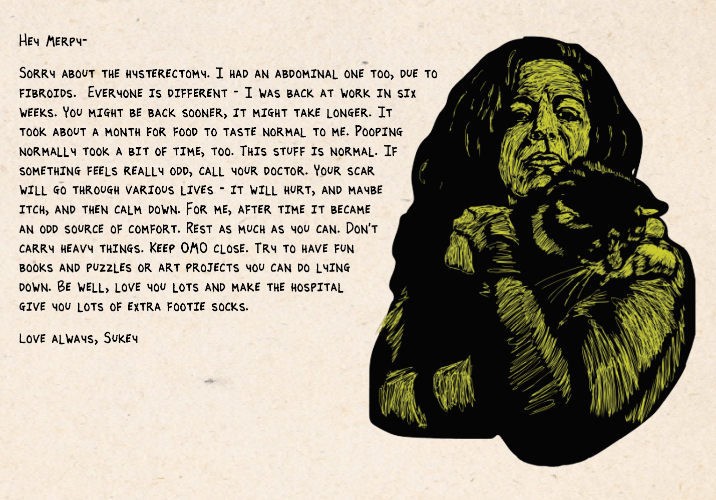 Have resumed work on “Our Hysterectomies” while I wait for the Struwwelpeter plotters to arrive from the factory. Am currently illustrating other people’s stories and messages. See: Sukey.