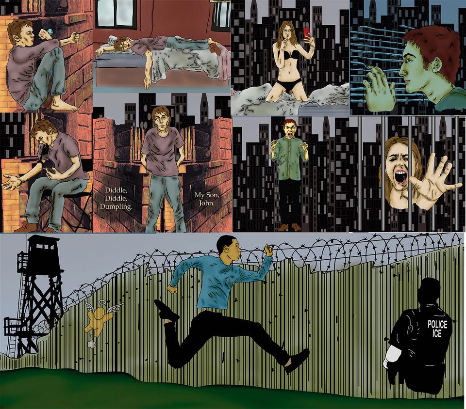 A few preliminary assets/illustrations from my 21 Century Nursery Rhymes series of paper pop-up cards w/ animated LCD screens and AR. Top left: Sketches for Diddle Diddle Dumpling. Top Right: Sketches for “Peter Peter Pumpkin Eater”. Bottom row: Drawings for “Jack Be Nimble”