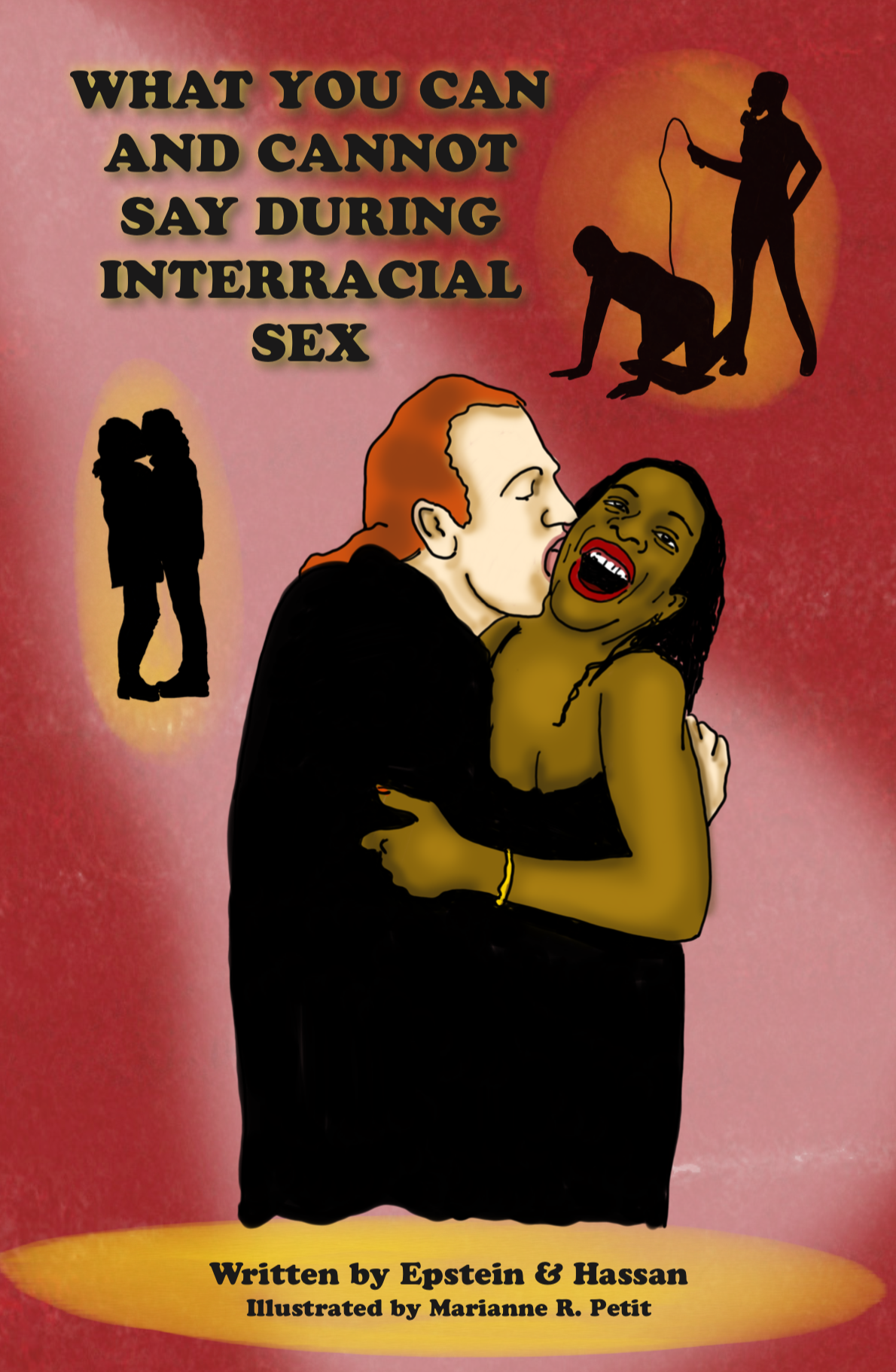 Image of white man with red hair kissing cheek (or whispering in ear) of black woman who looks surprised and happy. Silhouette of man and woman kissing. Silhouette of man on all fours with woman standing over him holding whip and wearing gas mask.