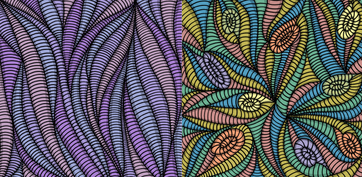 Bright and colorful abstract drawings filled with lines, curves, squiggles.