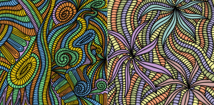 Bright and colorful abstract drawings filled with lines, curves, squiggles.