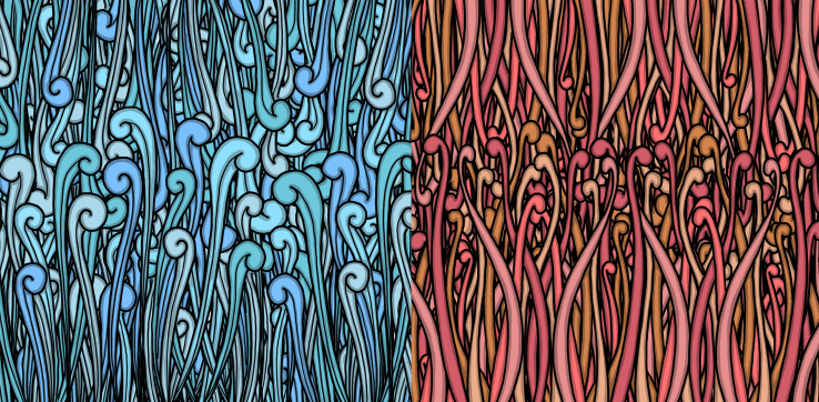 Bright and colorful abstract drawings filled with lines, curves, squiggles.