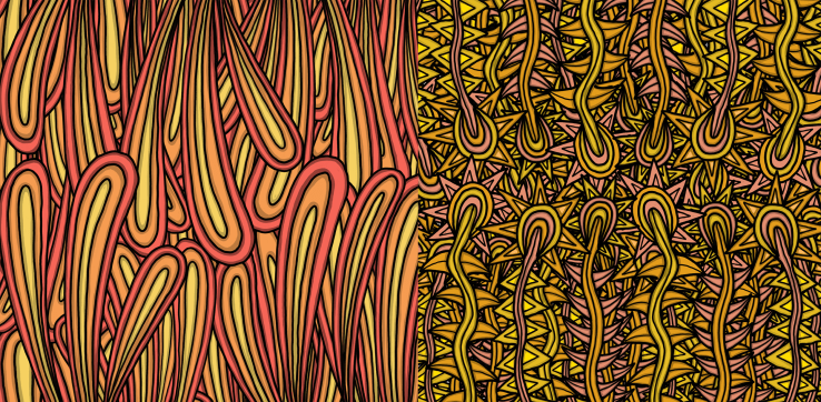 Bright and colorful abstract drawings filled with lines, curves, squiggles.