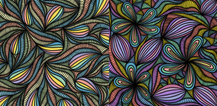 Bright and colorful abstract drawings filled with lines, curves, squiggles.