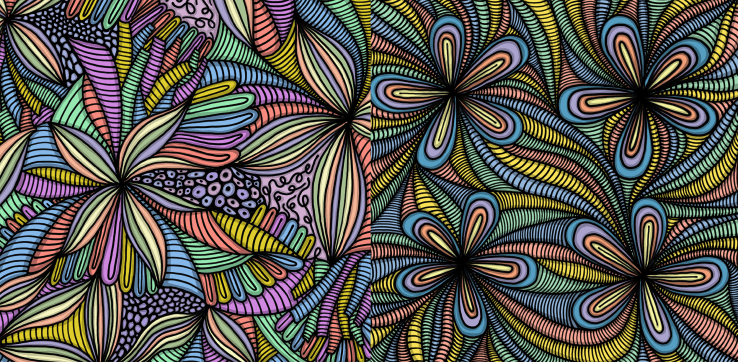 Bright and colorful abstract drawings filled with lines, curves, squiggles.