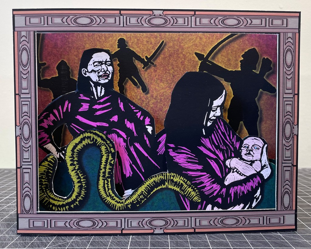 Image of a woman giving birth, holding a baby and a squirming worm on a background of men in battle.