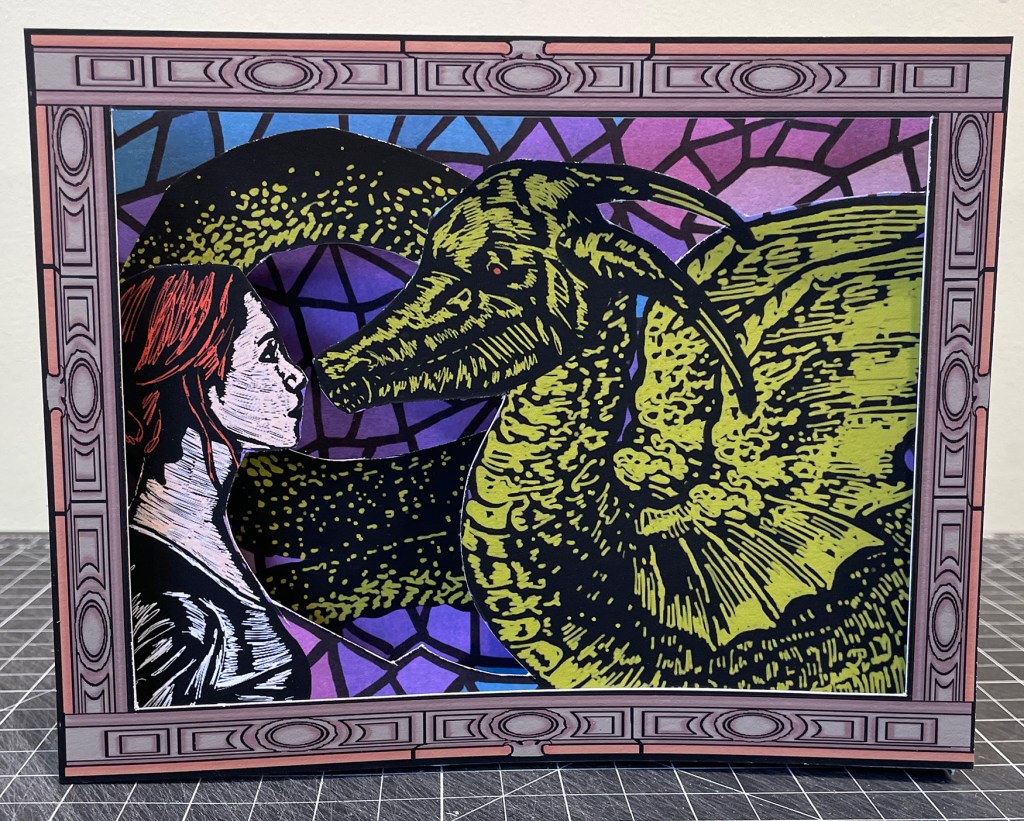 Illustration of a girl standing before stained glass looking at a dragon.