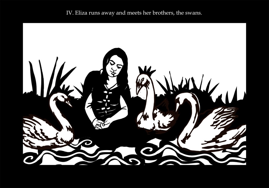 a black and white illustration of a forlorn woman sitting on the bank of a pond. three swans gather around her. one wears a crown. the tet reads "eliza runs away and meets her brothers, the swans."